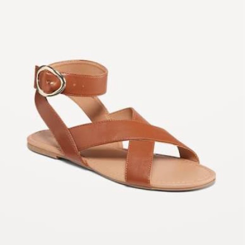 Old Navy Cognac Brown Faux-Leather Cross-Strap Buckle Sandals size 7 NWT